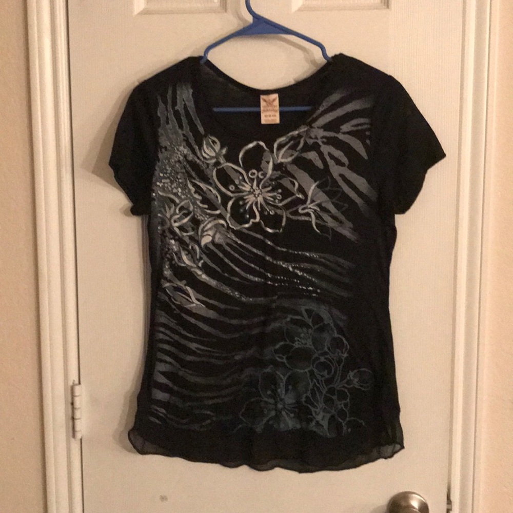Faded glory printed tee shirt with sheer ruffle